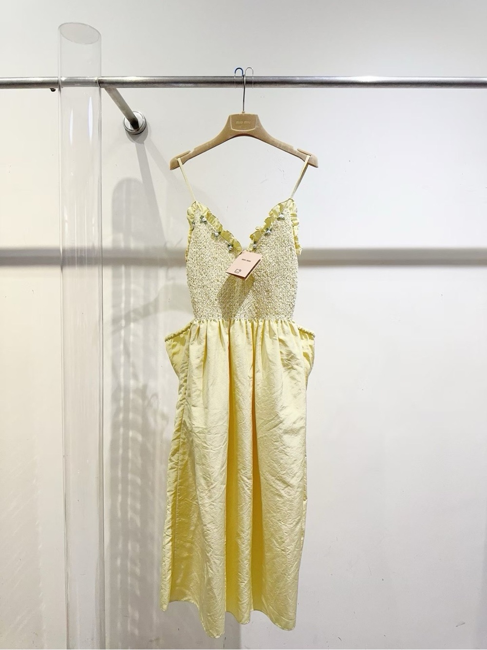 🚩steal Miu Miu Pale Yellow Smocked Bodice Midi Dress